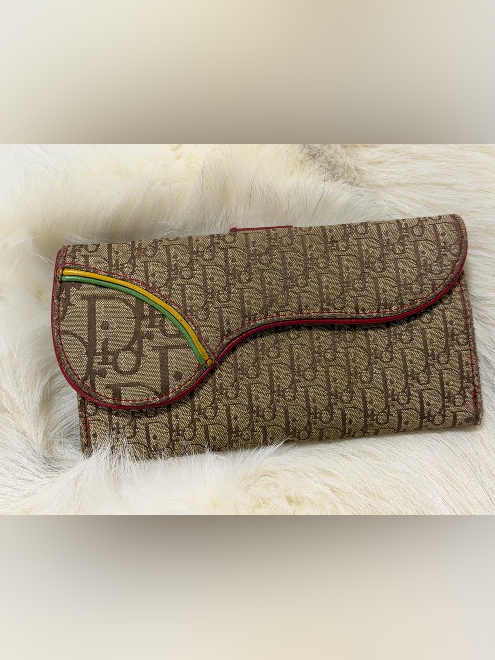 Christian Dior Y2K Vintage Trotter Monogram Rasta Color Canvas Saddle Wallet